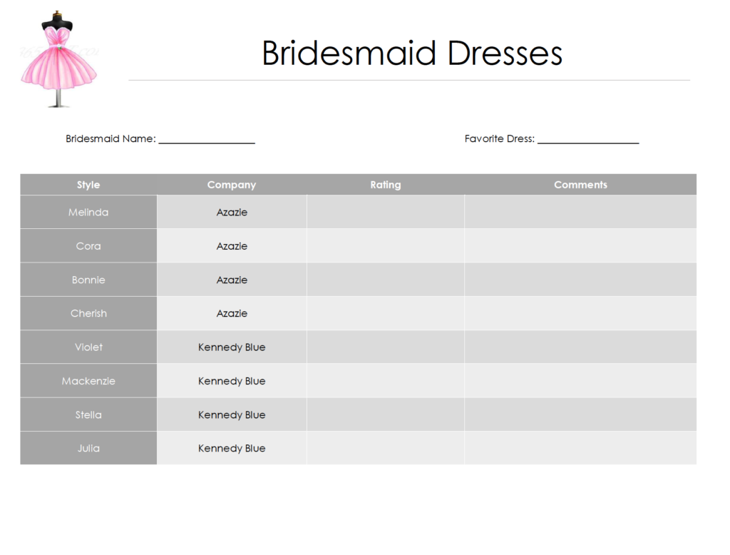 bridesmaid dress try-on ranking form